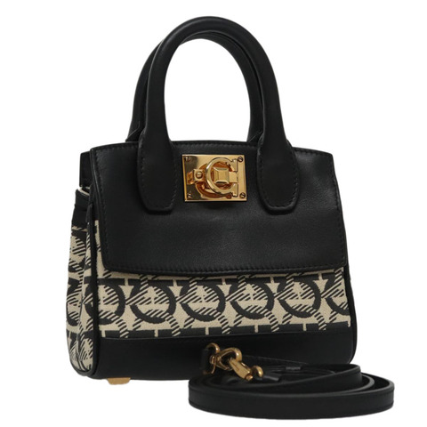 Salvatore Ferragamo Gancini 帆布皮革兩用包 白色 黑色 正品 104438V