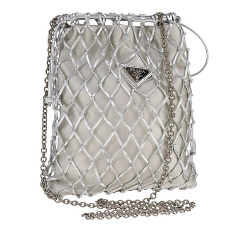 PRADA 鏈條單肩包 緞面銀色 正品 108034SAV