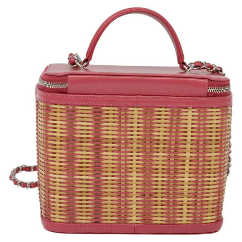 【日本直送】香奈兒 (CHANEL) 藤編化妝鏈條肩背包，粉紅色/銀色雙C標誌，正品編號 114200SAM-1