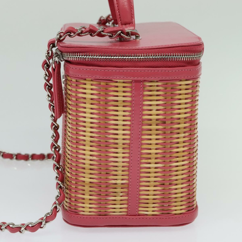 【日本直送】香奈兒 (CHANEL) 藤編化妝鏈條肩背包，粉紅色/銀色雙C標誌，正品編號 114200SAM-2