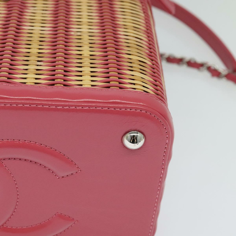 【日本直送】香奈兒 (CHANEL) 藤編化妝鏈條肩背包，粉紅色/銀色雙C標誌，正品編號 114200SAM-16