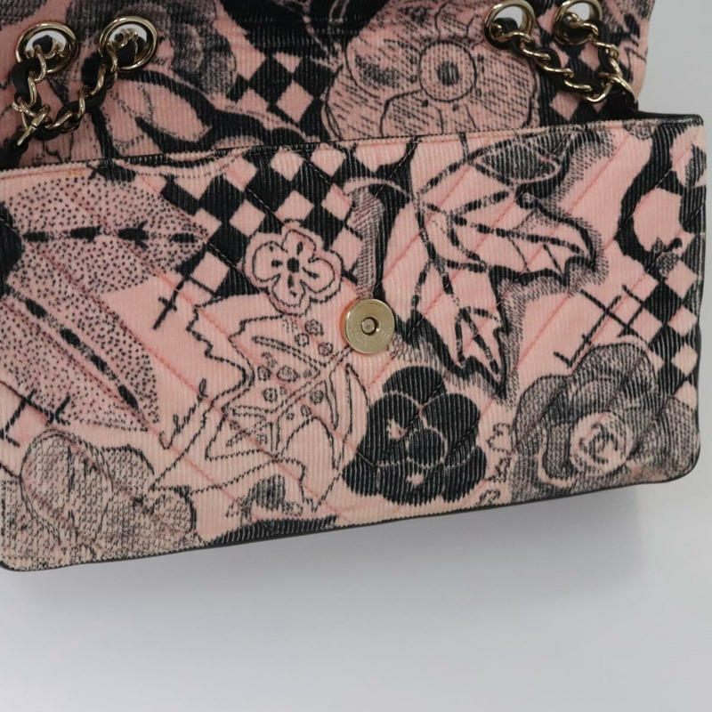 【日本直送】香奈兒 (CHANEL) 鏈條 V 字縫線單肩包，燈芯絨材質，粉紅色，金色雙 C 標誌，貨號 115032SM-18