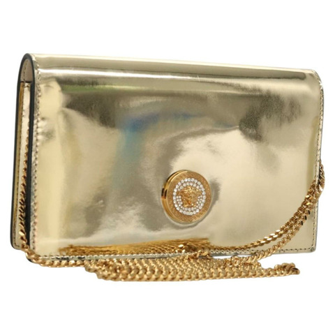 范思哲 (VERSACE) 鏈條單肩包 漆皮 金色 正品 BA1306M