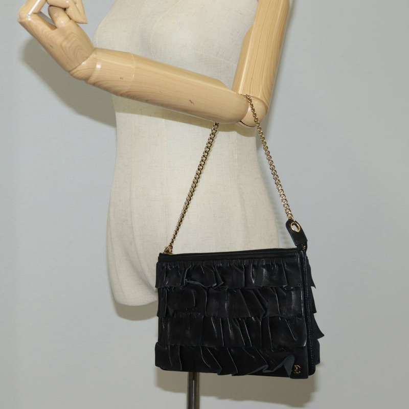 【日本直送】香奈兒 (CHANEL) 鏈條褶皺手提包，羊皮材質，黑色，金色雙C標誌，正品編號 yk18016M-24