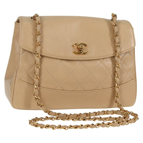 香奈兒 (CHANEL) 絎縫鏈條單肩包，羊皮，米色，金色 CC 標誌，正品 kk467V