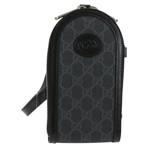 GUCCI GG Supreme 手機支架單肩包 PVC 黑銀 724357 正品 sw385M