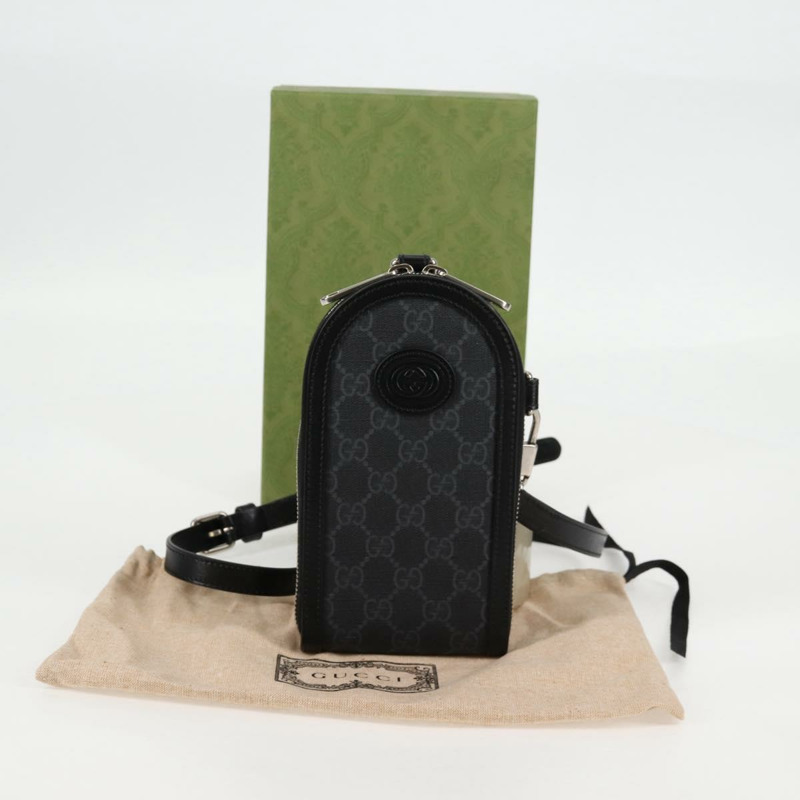 【日本直送】GUCCI GG Supreme 手機支架單肩包 PVC 黑銀 724357 正品 sw385M-11