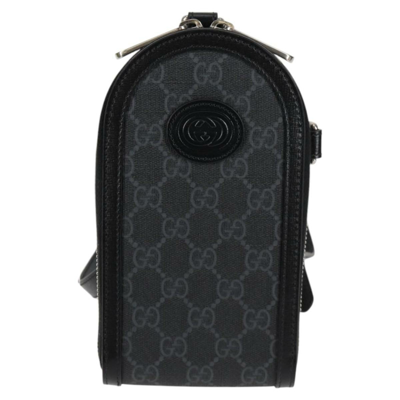 【日本直送】GUCCI GG Supreme 手機支架單肩包 PVC 黑銀 724357 正品 sw385M-12