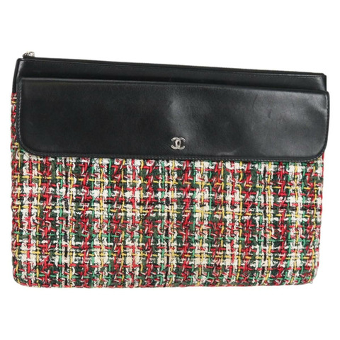 香奈兒黑色銀色雙C斜紋軟呢手拿包，貨號127554SAM