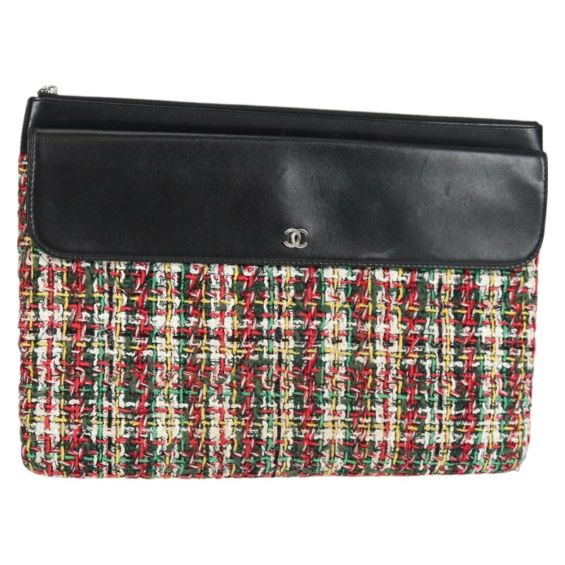 【日本直送】香奈兒黑色銀色雙C斜紋軟呢手拿包，貨號127554SAM-0