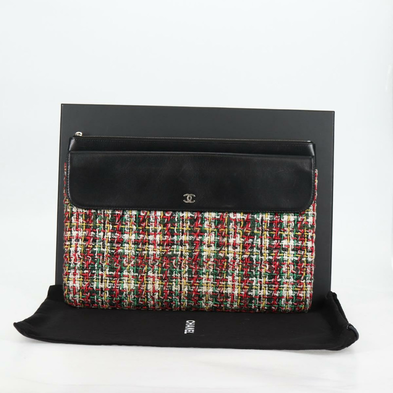 【日本直送】香奈兒黑色銀色雙C斜紋軟呢手拿包，貨號127554SAM-11