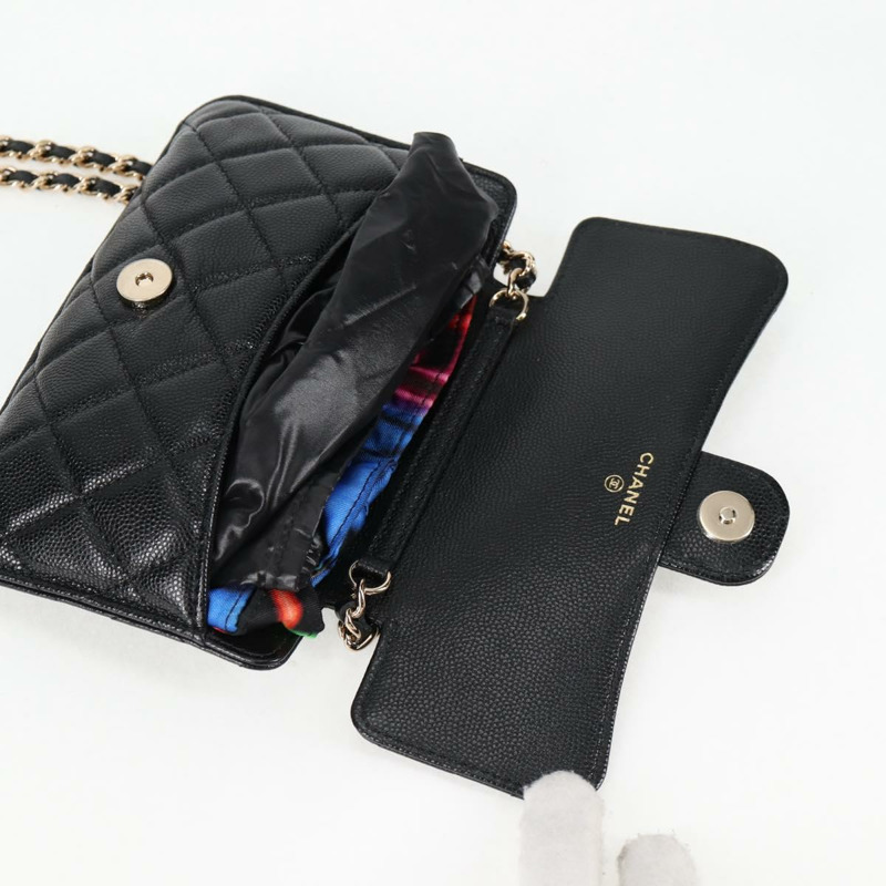 【日本直送】香奈兒 (CHANEL) 菱格紋鏈條肩背包，魚子醬紋皮革，黑色，CC標誌，正品編號127322SAM-8