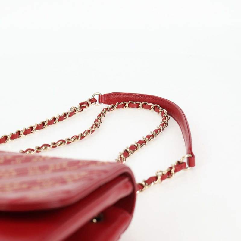 【日本直送】香奈兒 (CHANEL) 鏈條 V 字縫線單肩包，羊皮材質，紅色，金色雙 C 標誌，正品編號 126605SM-13