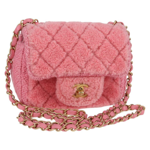 香奈兒 (CHANEL) 絎縫鏈條肩背包 羊毛材質 粉紅色 金色 CC 標誌 正品 128240SM