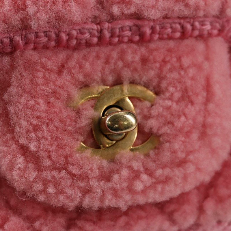 【日本直送】香奈兒 (CHANEL) 絎縫鏈條肩背包，羊毛材質，粉紅色，金色雙C標誌，正品編號 128240SM-18