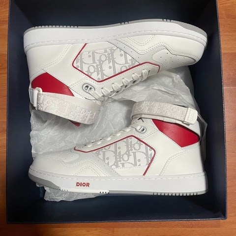 DIOR正品迪奧B27 牛皮 高幫 時尚板鞋 男款 白紅 41碼