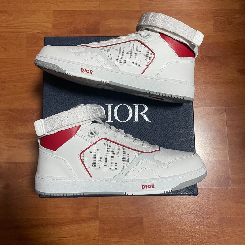 DIOR正品迪奧B27 牛皮 高幫 時尚板鞋 男款 白紅 41碼-1