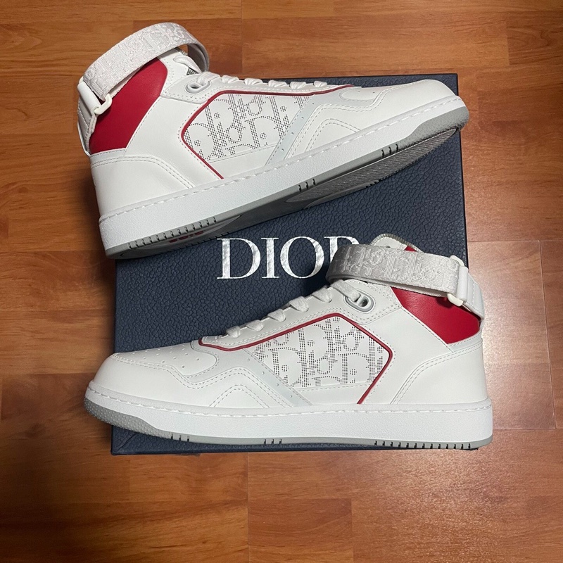 DIOR正品迪奧B27 牛皮 高幫 時尚板鞋 男款 白紅 41碼-2