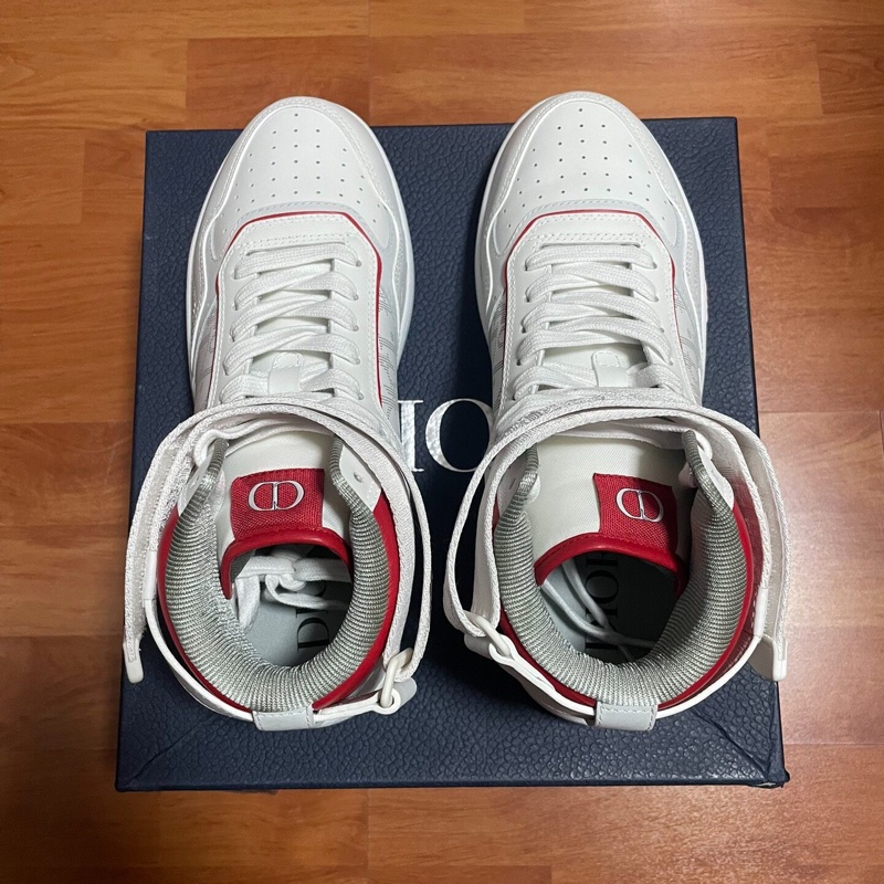 DIOR正品迪奧B27 牛皮 高幫 時尚板鞋 男款 白紅 41碼-4