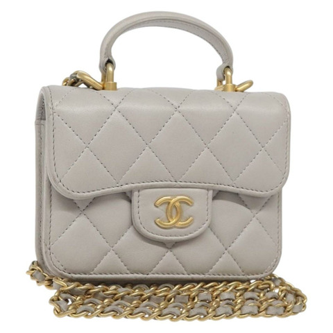 香奈兒 (CHANEL) 絎縫鏈條錢包單肩包 羊皮 灰色 金色 CC 標誌 正品 128807SAM