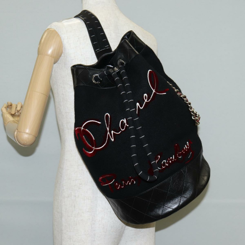 【日本直送】香奈兒 (CHANEL) 雙色肩背包，羊毛皮革，黑色，CC標誌，貨號130048SM-29