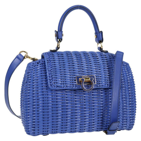 Salvatore Ferragamo Gancini 手提包，藤編兩用款，藍金配色，正品，貨號 135631SAV