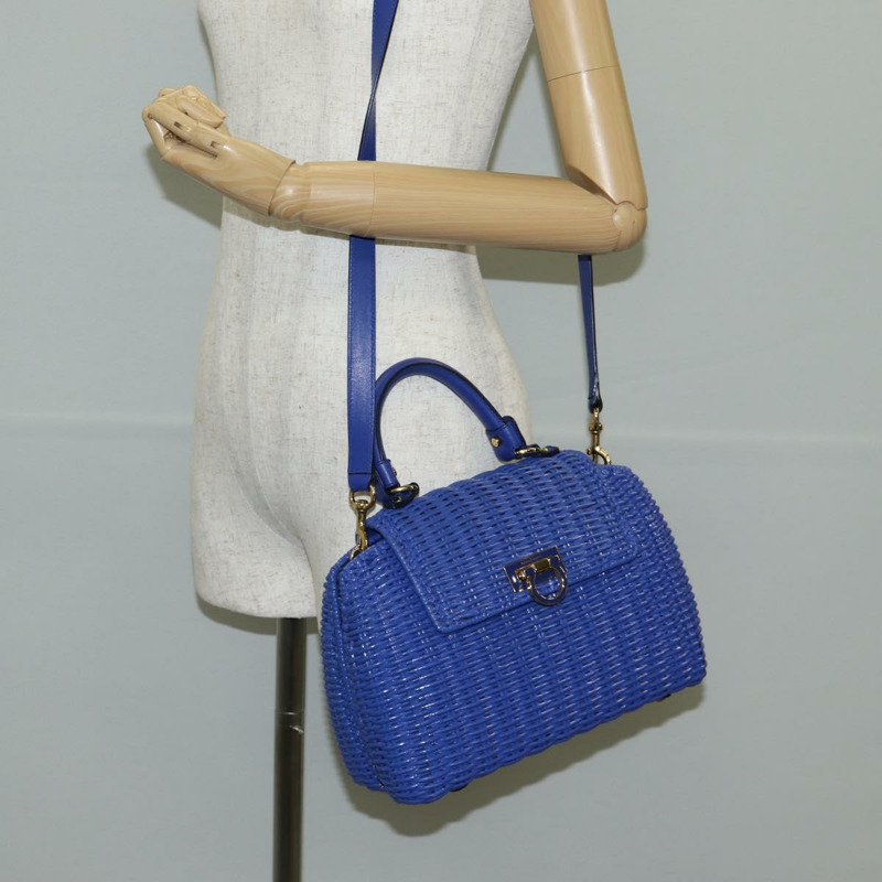 【日本直送】Salvatore Ferragamo Gancini 手提包，藤編兩用款，藍金配色，正品，貨號 135631SAV-26