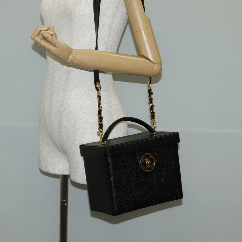 【日本直送】香奈兒 (CHANEL) 魚子醬皮兩用手提包，黑色金色雙C標誌，正品編號 138563V-28