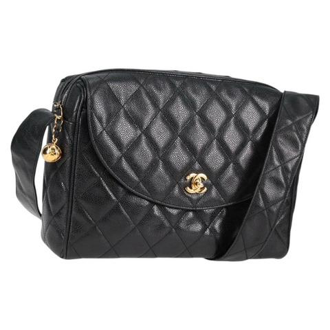 香奈兒 (CHANEL) Matelasse 單肩包 魚子醬皮 黑色 金 CC 標誌 正品 yk19085V