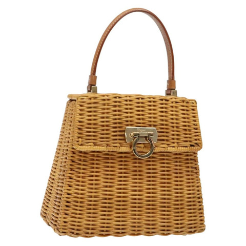Salvatore Ferragamo Gancini 手提包，藤編米色金色，正品，貨號 139130SAV