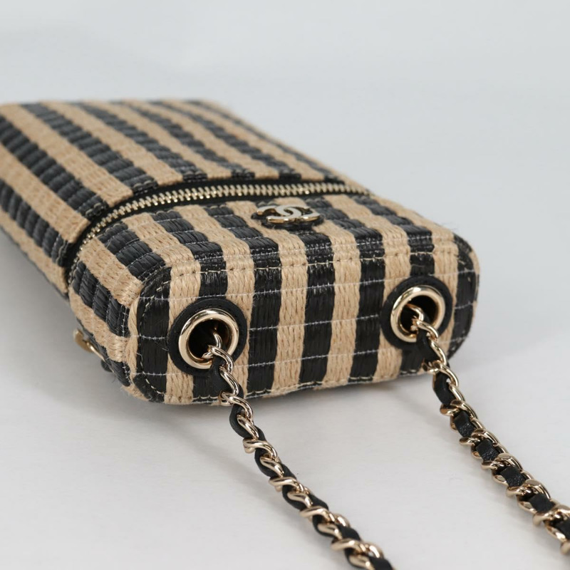 【日本直送】香奈兒鏈手機殼，拉菲草編織，米色金色，CC標誌，正品編號140901SAM-6