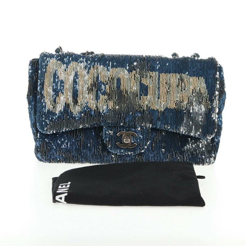 【日本直送】香奈兒亮片藍色銀色雙C標誌單背包 Auth 138088SM-11