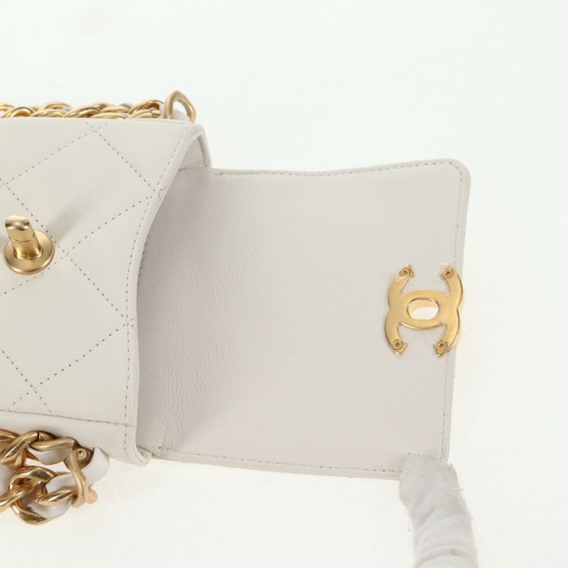 【日本直送】香奈兒鏈絎縫單肩包，羊皮材質，白色金色雙C標誌，正品編號140124SAM-8