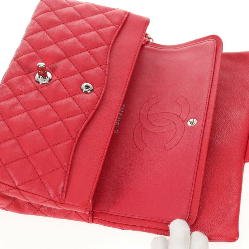 【日本直送】香奈兒魚子醬皮紅色銀色雙C鏈條肩背包 Auth 139978SM-22