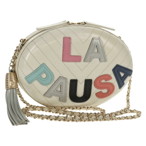 香奈兒 V 字縫線鏈單肩包 白色皮革 金色 CC 標誌 Auth 146360SM