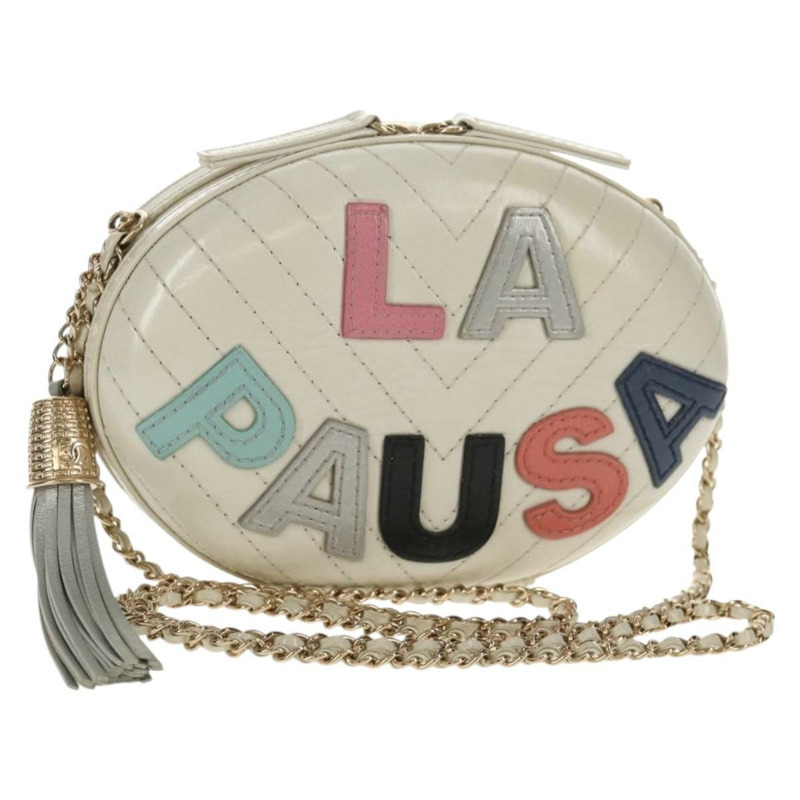 【日本直送】香奈兒 V 字縫線鏈單肩包 白色皮革 金色 CC 標誌 Auth 146360SM-0