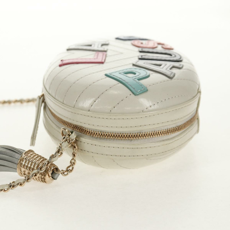 【日本直送】香奈兒 V 字縫線鏈單肩包 白色皮革 金色 CC 標誌 Auth 146360SM-2