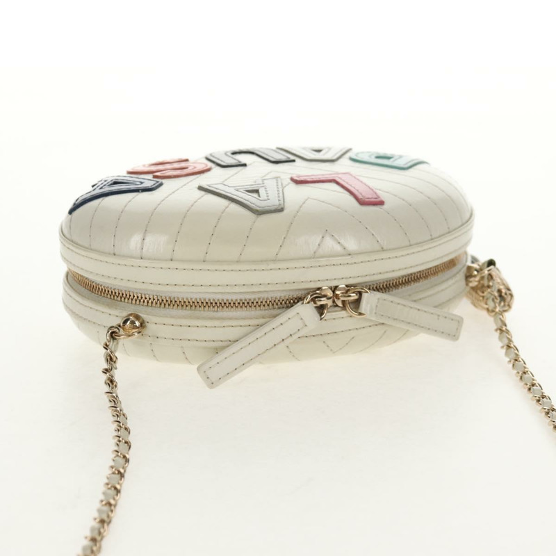 【日本直送】香奈兒 V 字縫線鏈單肩包 白色皮革 金色 CC 標誌 Auth 146360SM-5