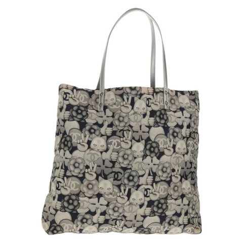 香奈兒 COCO 標誌手提包 尼龍 海軍藍 灰色 CC 正品 145888V