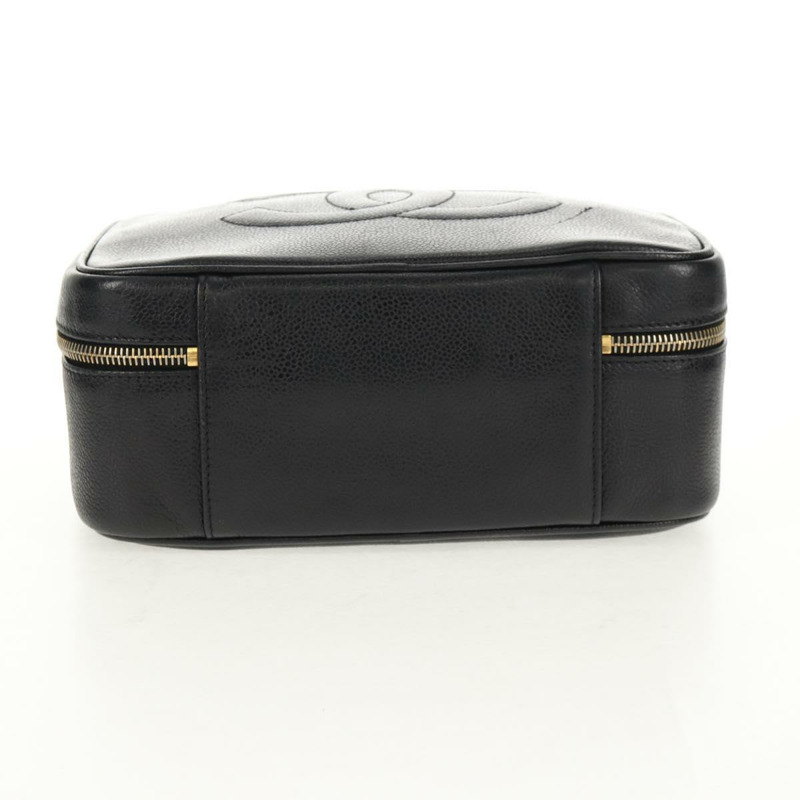 【日本直送】香奈兒 COCO 標誌化妝包，魚子醬皮，黑色，金色雙C標誌，正品編號 146602V-5