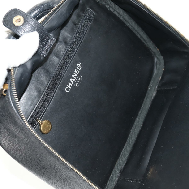 【日本直送】香奈兒 COCO 標誌化妝包，魚子醬皮，黑色，金色雙C標誌，正品編號 146602V-9