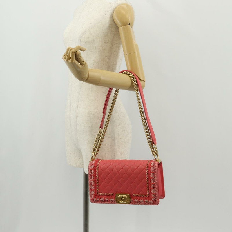 【日本直送】香奈兒 (CHANEL) 鏈條絎縫 Boy Chanel 包，羊皮材質，粉紅色金色雙C標誌，正品編號 144832SAM-26