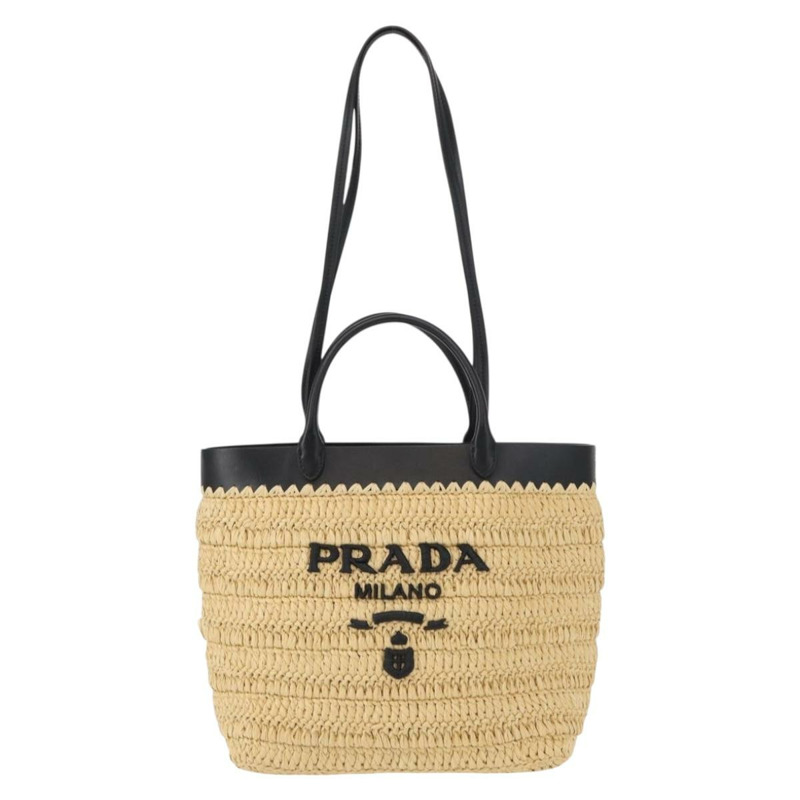 【日本直送】PRADA 草編皮革手提包，兩用，米色/黑色，正品 ka156V-12