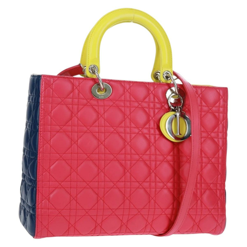 【日本直送】Christian Dior Lady Dior Canage 手提包，真皮材質，兩用，粉紅色/銀色，正品，貨號 161705SAM-0