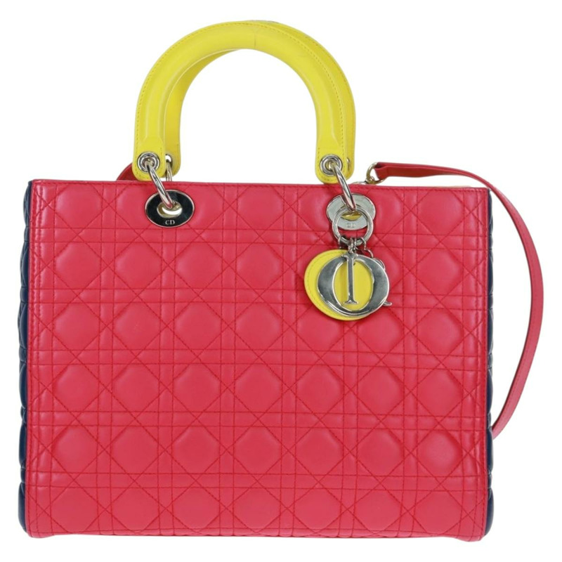 【日本直送】Christian Dior Lady Dior Canage 手提包，真皮材質，兩用，粉紅色/銀色，正品，貨號 161705SAM-12