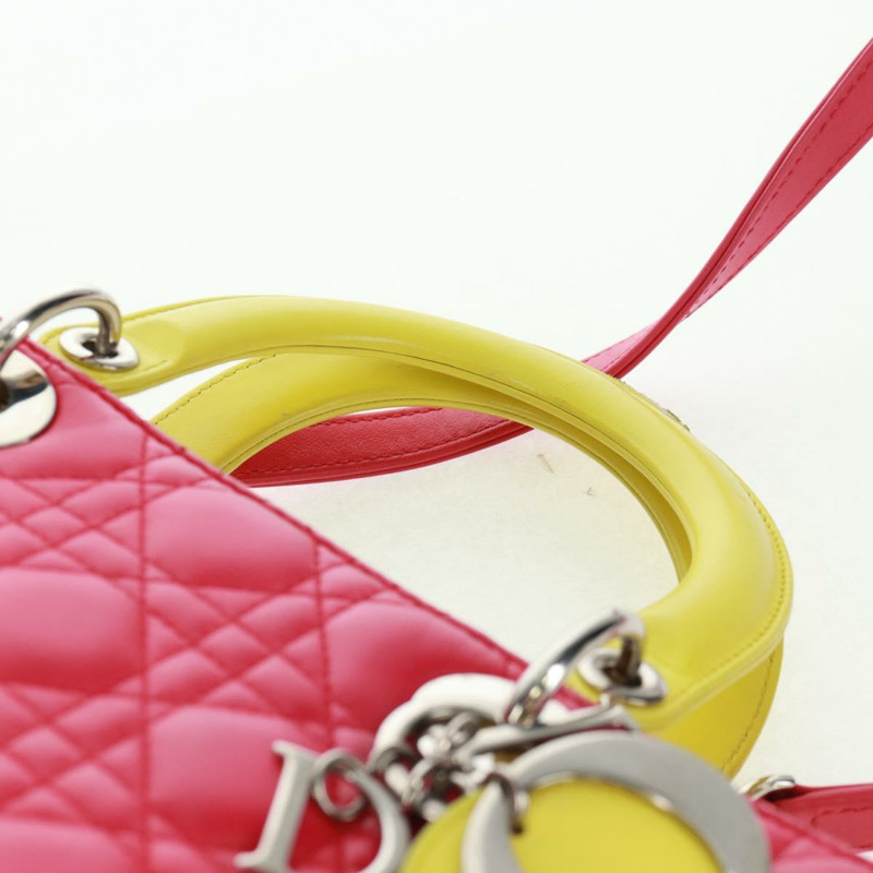 【日本直送】Christian Dior Lady Dior Canage 手提包，真皮材質，兩用，粉紅色/銀色，正品，貨號 161705SAM-13
