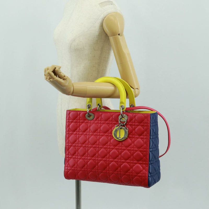 【日本直送】Christian Dior Lady Dior Canage 手提包，真皮材質，兩用，粉紅色/銀色，正品，貨號 161705SAM-26