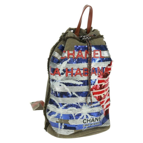 香奈兒 Cruise Line 雙肩包 帆布亮片 卡其色 銀色 CC 標誌 BA9220SAM