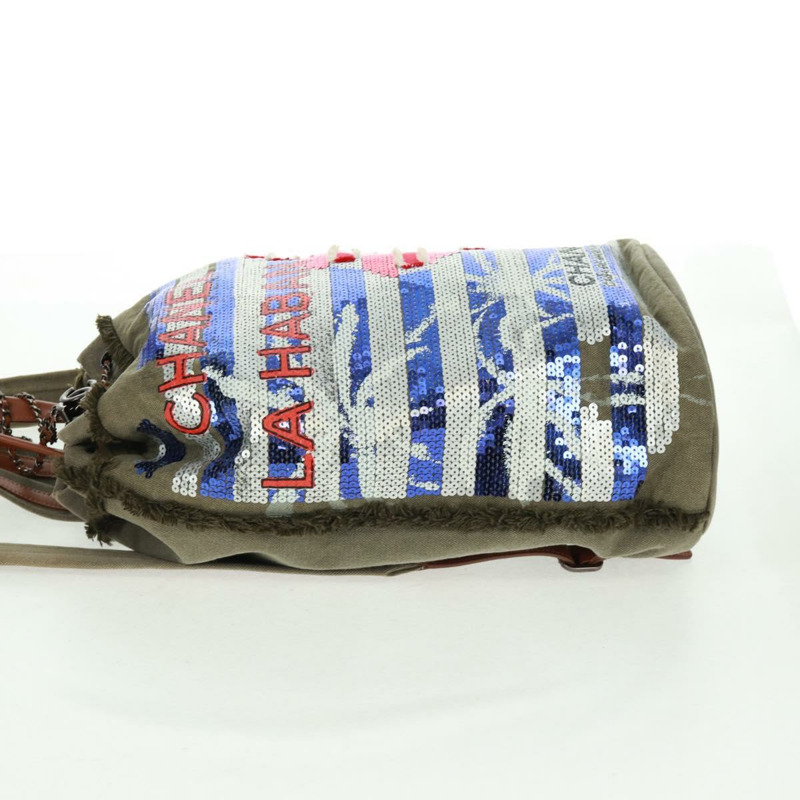 【日本直送】香奈兒 Cruise Line 雙肩包 帆布亮片 卡其色 銀色 CC 標誌 BA9220SAM-2