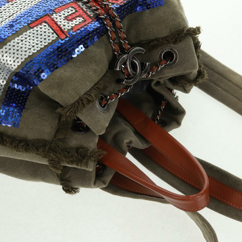 【日本直送】香奈兒 Cruise Line 雙肩包 帆布亮片 卡其色 銀色 CC 標誌 BA9220SAM-5